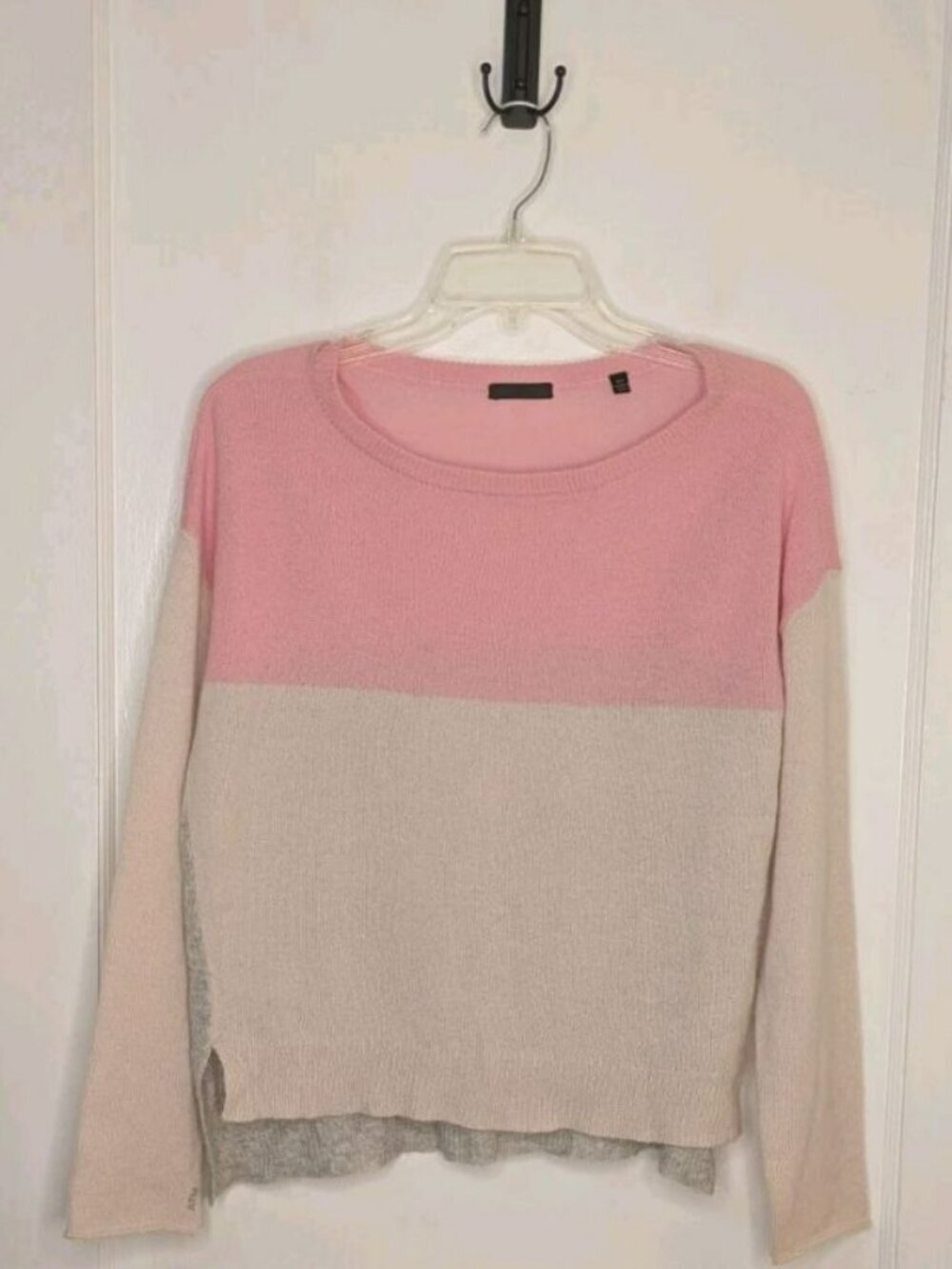 ATM Anthony Thomas Melillo Colorblock Cashmere Sweater Pink Cream Grey Sz S